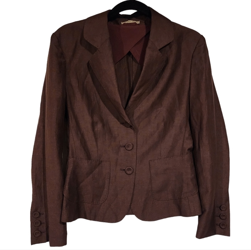 Bottega Veneta Wool Linen Blazer Jacket Peplum Brown Three Button Closure EU 40